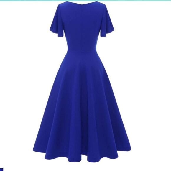 BRIDESMAY FIT AND FLARE V-NECK RUFFLE SLEEVE WOMEN'S DRESS - Picture 2 of 11